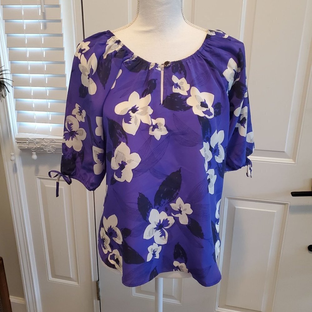 Yumi Kim Silk Blouse Women XS/S Blue white Floral Balloon Sleeve Keyhole Peasant